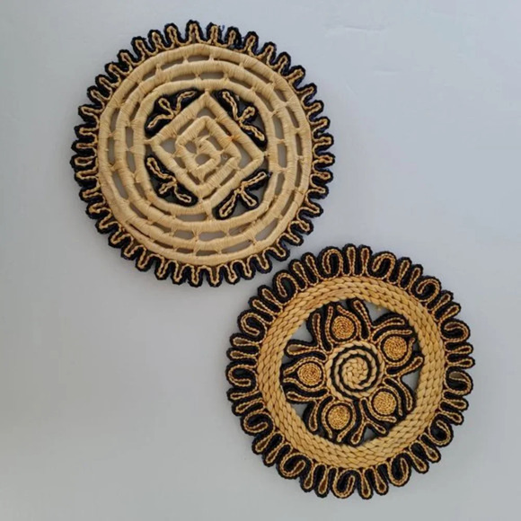 Vintage Rattan Trivets Set of Two Natural Purple - Picture 1 of 6